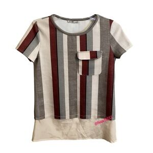 Zara Short Sleeve Top Size Small Orange Tan Ivory Stripe Pocket Ivory Hem